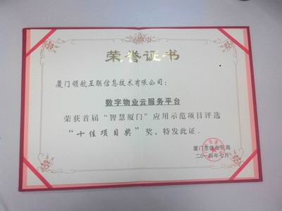 十佳项目奖奖状